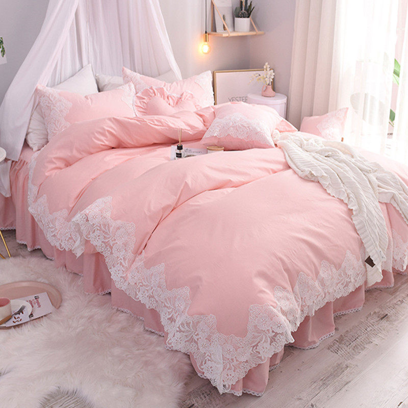 Korean pure color lace Princess wind cotton four - piece bed skirt pure cotton suit for double 1 8m bed