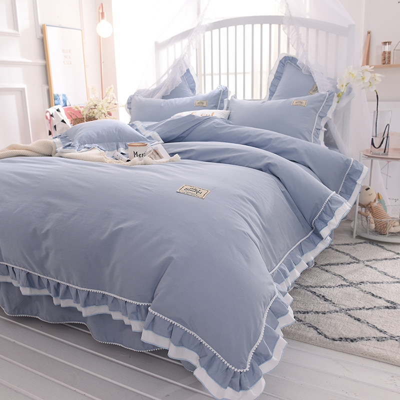 Four sets of cotton cotton leaf edge beds on the Korean simple pure pure color princess breeze are set for 1 8m bed