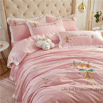 Summer Net red cotton four-piece cotton ruffles ins girl heart double sheets quilt cover bedding