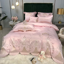 Luxury court style embroidered cotton sheets four-piece girl pink silk quilt cover cotton bed hats bedding