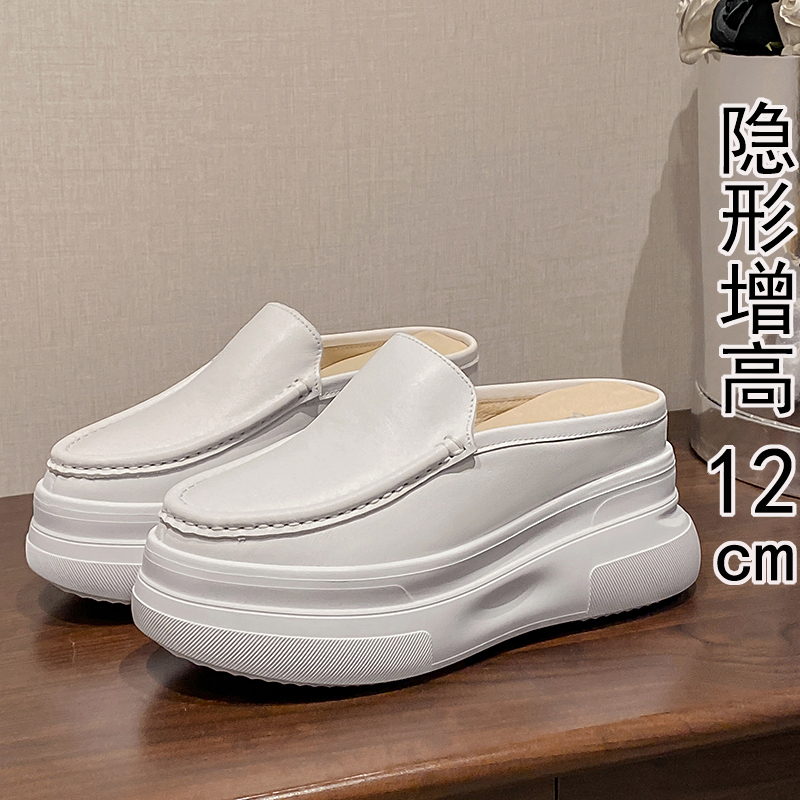 Short Women's Height-Increasing Half Slippers 12cm cm Genuine Leather Casual Platform White Shoes Closed-Toe Sandals for Women Summer
