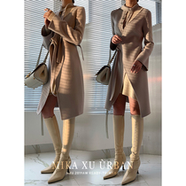 MXU 2020 Autumn and Winter design sense long coat female foreign color gray pure wool lace belt double woolen coat