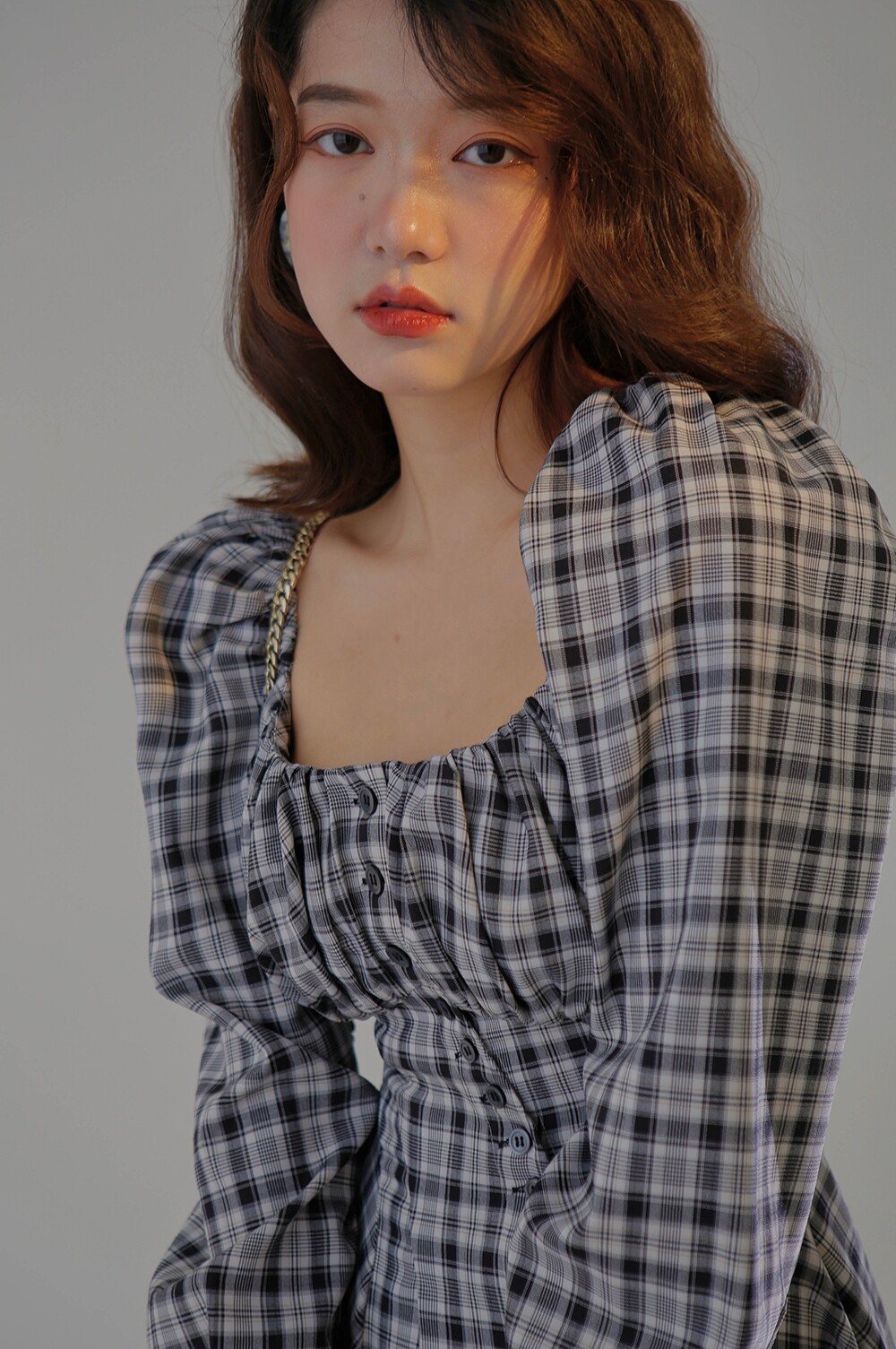 MXU Spring Autumn Fa Style Retro small crowdDesign Sense dress Slim Foam Sleeves Plaid Long Sleeve Foreign Dress Woman