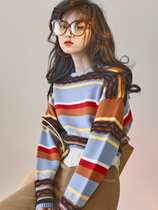MXU Retro Reduction Age Winter New Creative Wool Splicing Color Stripe Short 100 Lap Round Collar Sweater Woman