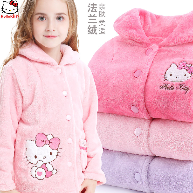 Hello Girl Sleepwear Flannel Suede Suit Coral Suede Girl Autumn Winter Plus Suede Eldest Child Thickened Children's Home Clothing