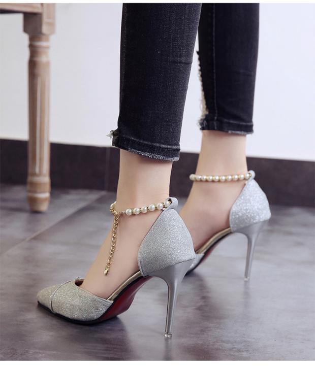 Xuân-Hè 2018 mới sandal cao gót nữ đính cườm mũi nhọn của phụ nữ dép converse
