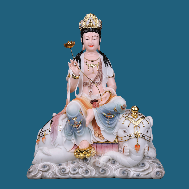 Wudao Manjushri Samantabhadra Bodhisattva Huayan Sansheng white marble crafts Buddha statue living room Buddha Hall Chinese desktop decoration