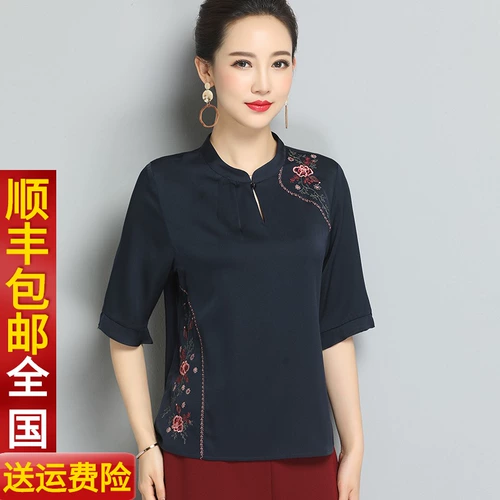 Летняя одежда для матери, шелковая рубашка, футболка, короткий рукав, с вышивкой, для среднего возраста