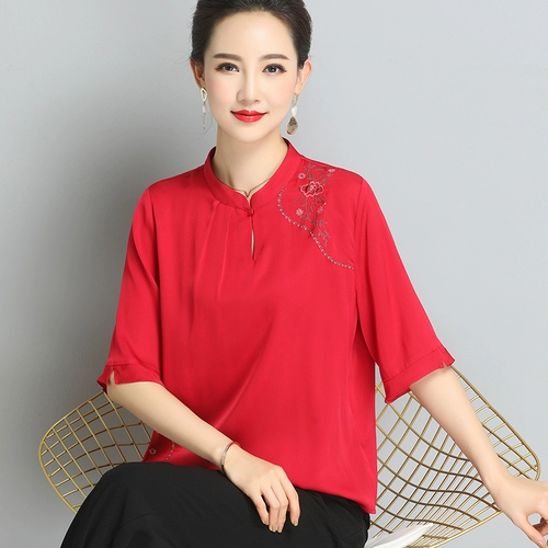 Летняя одежда для матери, шелковая рубашка, футболка, короткий рукав, с вышивкой, для среднего возраста
