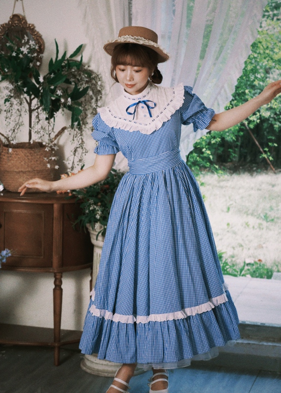 The Wizard of oz's Self-Made "Danube Waltz" Retro French Court-Style Plaid Dress with a Large Hem for Girls