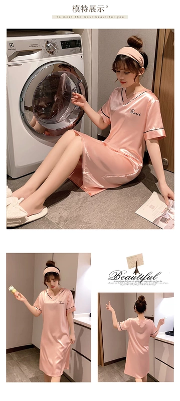 Váy ngủ nữ Xia Bingsi ngắn tay dễ thương váy học sinh đồ ngủ mùa hè mỏng rời kích thước lớn có thể được mặc bên ngoài quần áo ở nhà - Đêm đầm
