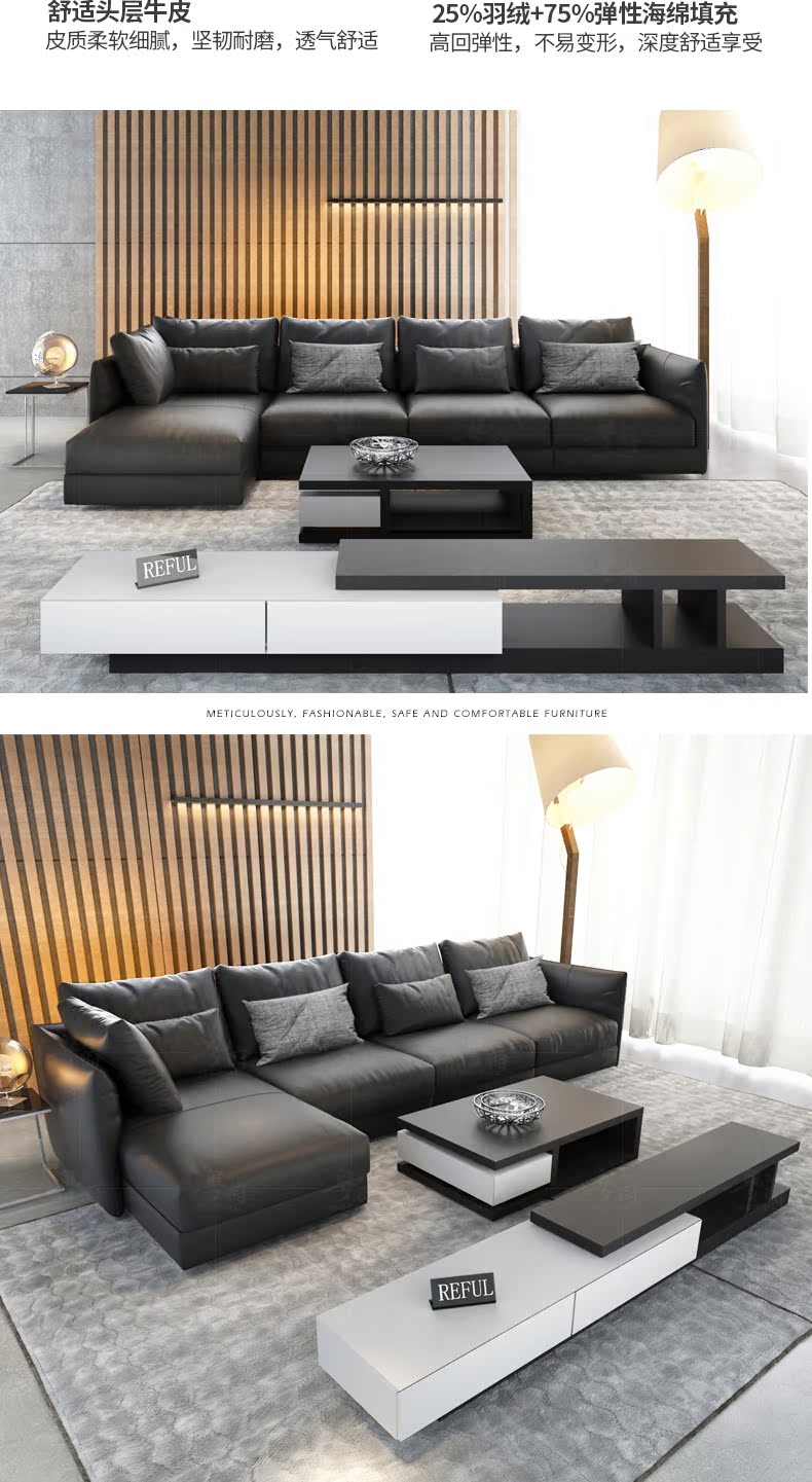 Sofa da đen kết hợp bàn cà phê phòng khách khép kín noi that thong minh