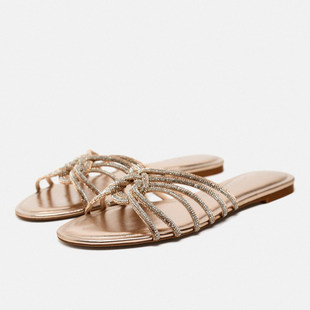 ZA2024 летом TRF обувь женская пересекать с водой Алмазные украшения квартира сандалии свободное время золотое платье цвета , тапочки сын