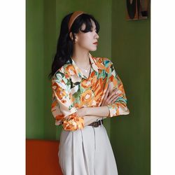 Spring and Autumn Hong Kong Style Long-Sleeved Loose Layered Design Niche New Retro Printed Shirt Performance Photo Shoot Shirt for Women