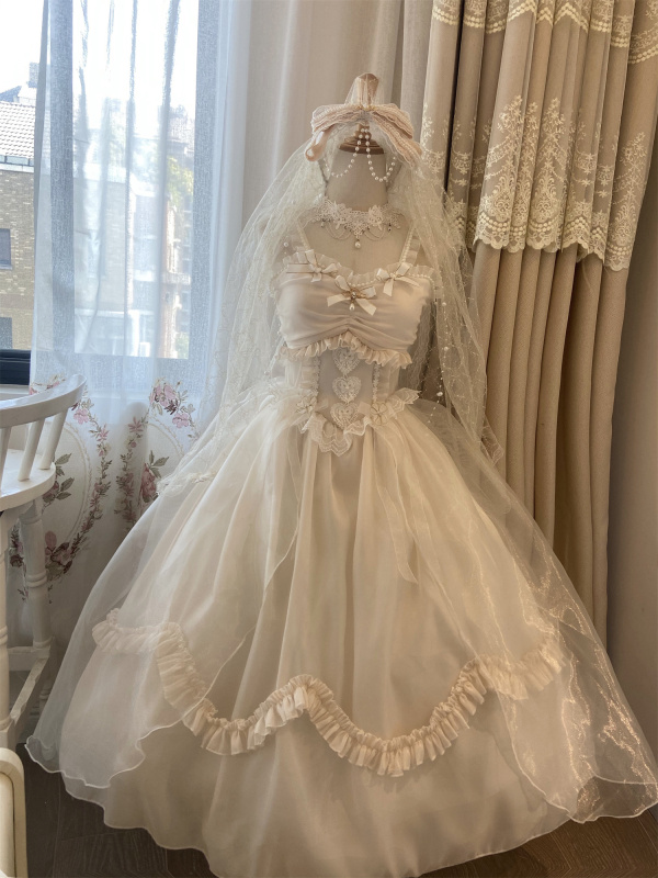 2023 Doujiang Original Lolita Princess Wedding Dress with Large Skirt, Spaghetti Straps, Bow, and Train