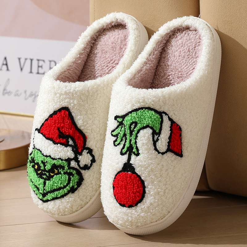 Cross-Border New Style Comfortable Home Cute Cartoon Grinch Winter Cotton Slippers for Men and Women Couples Warm Cotton Slippers