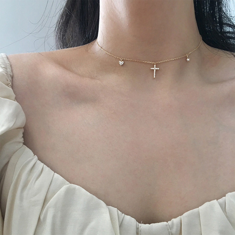 Cross silver necklace female ins simple love clavicle chain star all-match temperament net red niche design