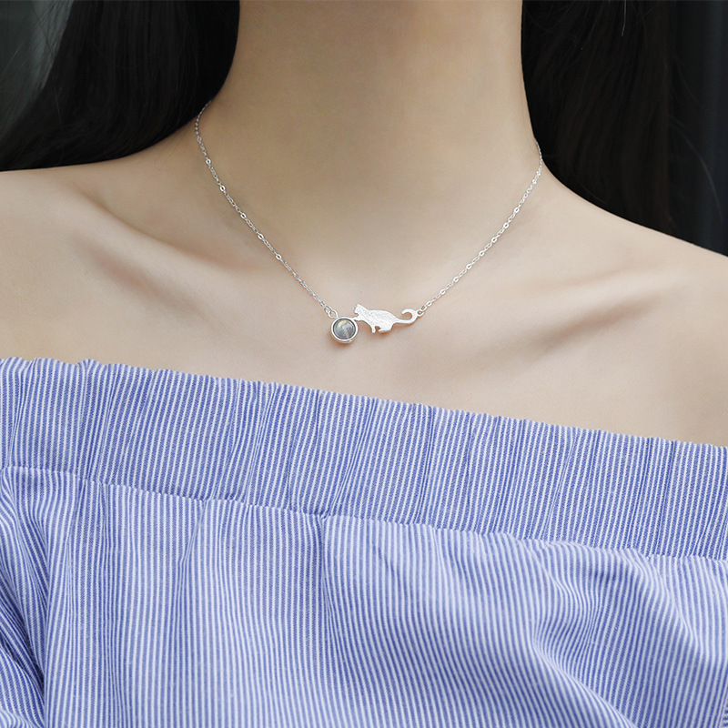 Cat Moonlight Stone Necklace Woman Pure Silver Day Korea Brief Student Lock Bone Chain Female Korean Version Sweet Mesen Ensemble Little Fresher