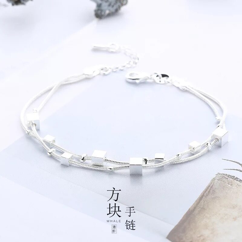 925 silver square hand-carved literary small fresh three-dimensional square brushed double-layer multi-layer snake bone chain simple jewelry