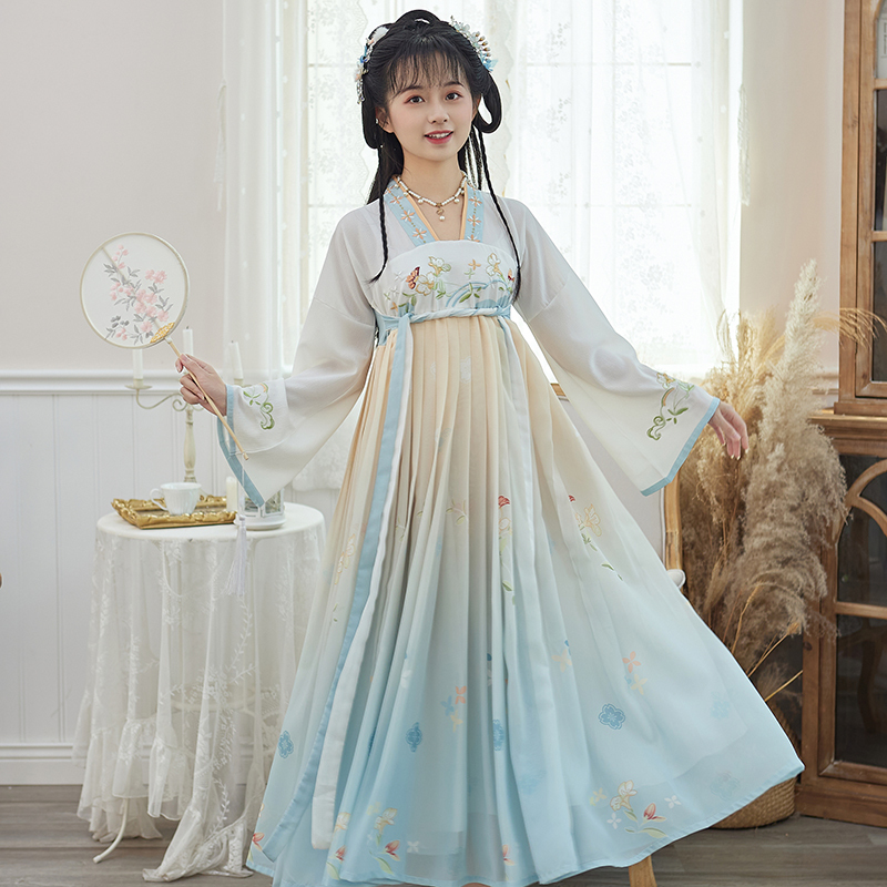Authentic Original Hanfu for Women, Adult Modified Embroidered Chiffon Dress with Han Elements, Ancient Style, Elegant Mid-Length Dress for Summer