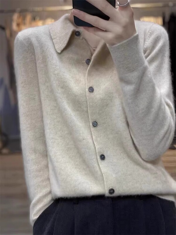 Clearance Sale of Women's Knit Cardigans, Shirt Collar, Exquisite Polo Collar, Long-Sleeved Sweaters, Base Layer Shirts, Korean Style Knitwear