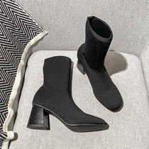High heel short female spring autumn 2020 new Korean version 100 hitch thick heel elastic slim sock short cylinder