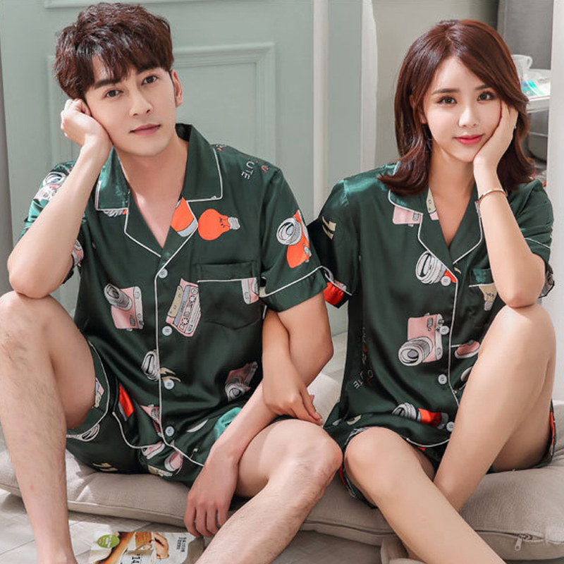 Simulation silkdress couple summer female short sleeve shorts ice screen cartoon home suit two pieces of silk silk large number male