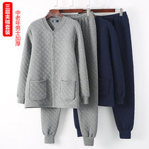 Middle-aged and elderly cardigan three-layer thermal underwear set mens winter home clothes cardigan thickened pure cotton autumn clothes long trousers