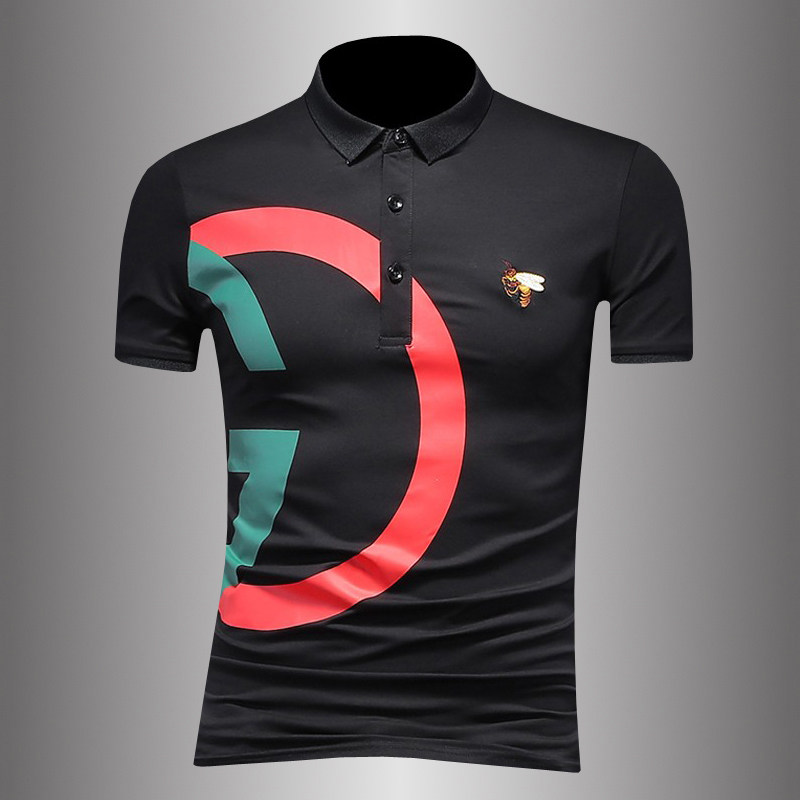 CaltoKrosa~European station summer tide tag collided with bee embroidered short sleeve POLO shirt men silk light cotton tip T-shirt