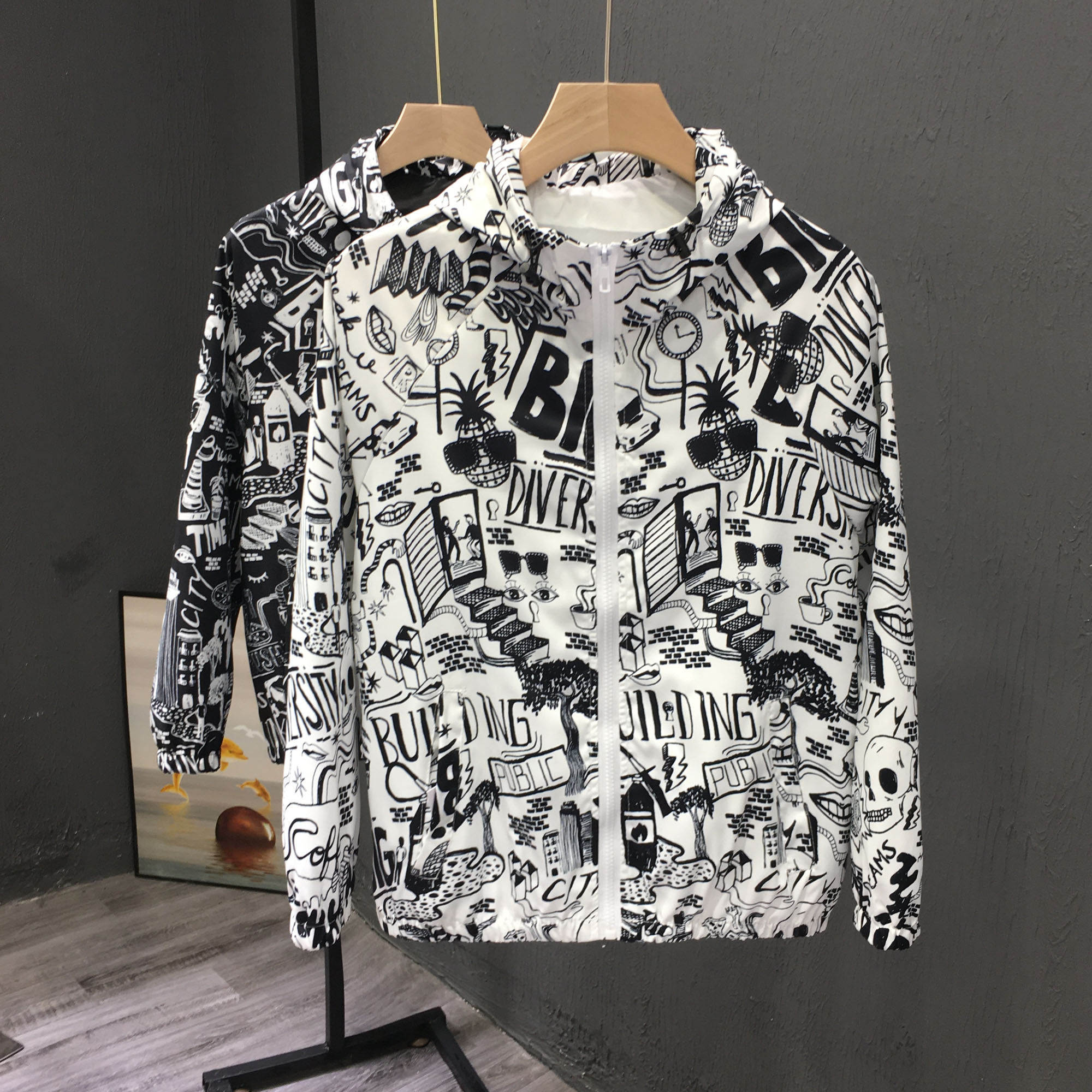CaltoKrosa~Tide jacket men and Korean edition of the hat and spring and autumn pattern geometric graffiti printed coat
