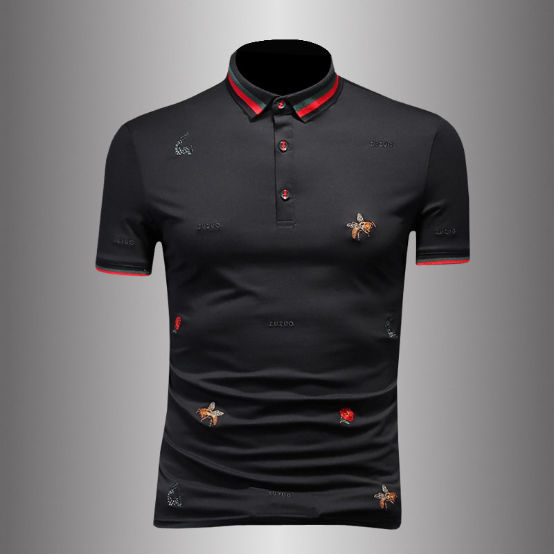 CaltoKrosa~summer tide embroidery short sleeve POLO shirt men silk light cotton repair T-shirt casual Paul