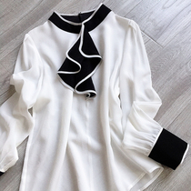 Contrast color bow tie design solid color mulberry silk long sleeve shirt female 2021 spring summer double crepe silk shirt