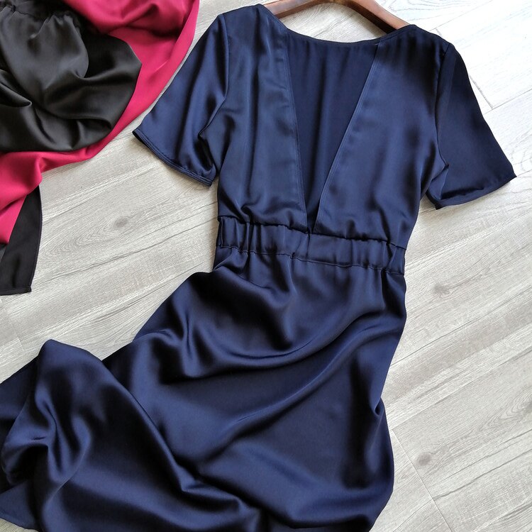 Glossy satin belt slim-fit short-sleeved dress 2021 summer back slightly transparent design short-sleeved dress