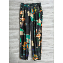Heavy stretch twill satin silk elastic waist loose trousers female summer printed mulberry silk