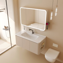 Cream Style Ceramic Integrated Wash Basin Cabinet Combination Bathroom Cabinet Honeycomb Aluminum Sink Smart Hand Sink