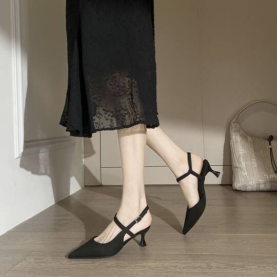 Pointed Toe Open-Toe Sandals 2025 New Style Hollow Commuter Ultra-Soft High-End Summer Suede Black High Heels