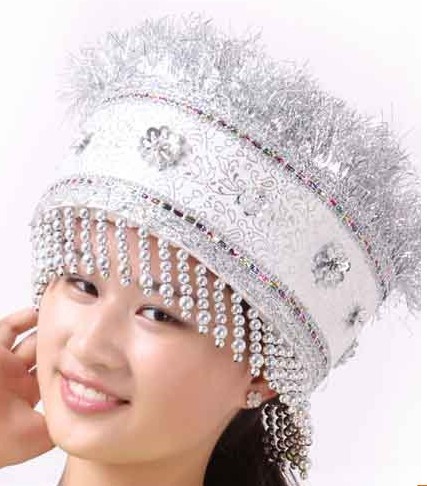 New ethnic minority headdress female performance costume hat Zhuang hair ornaments Miao Dong hat silver white