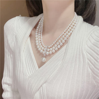 Fashion necklace near round clavicle chain freshwater pearl multi-layer