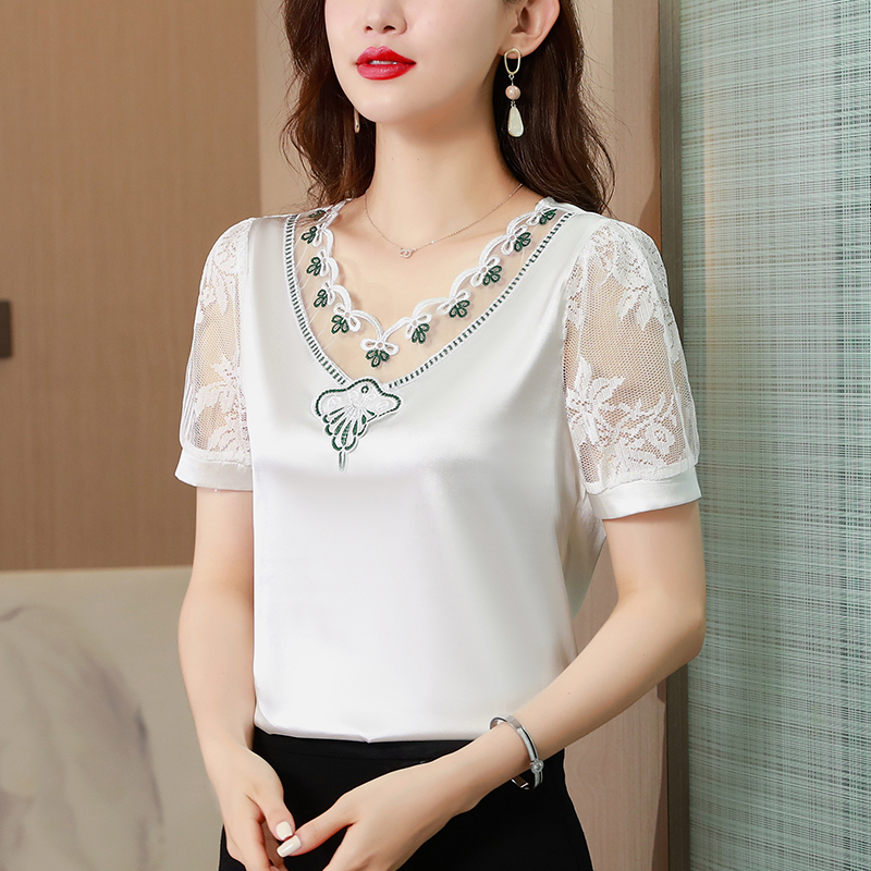 Short-Sleeved Lace Satin T-Shirt for Women, Summer Outerwear, Mulberry Silk Base Shirt, Plus Size, Tummy-Covering Inner Wear, Silk Top