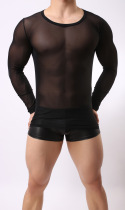 Summer fitness round neck short sleeve mens long sleeve T-shirt Home thin section transparent mesh tights sexy base shirt