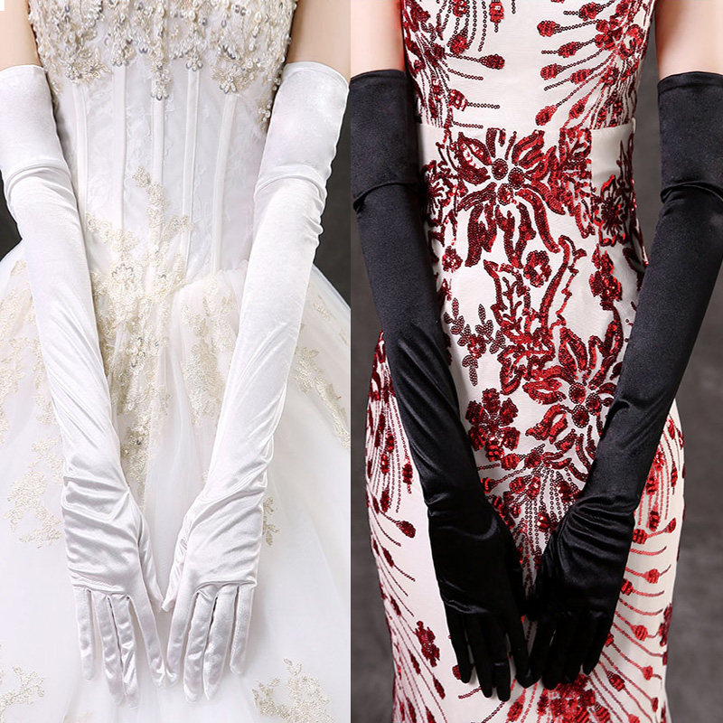 Simple bridal satin long burgundy wedding gloves, black and white for showcasing evening gown gloves
