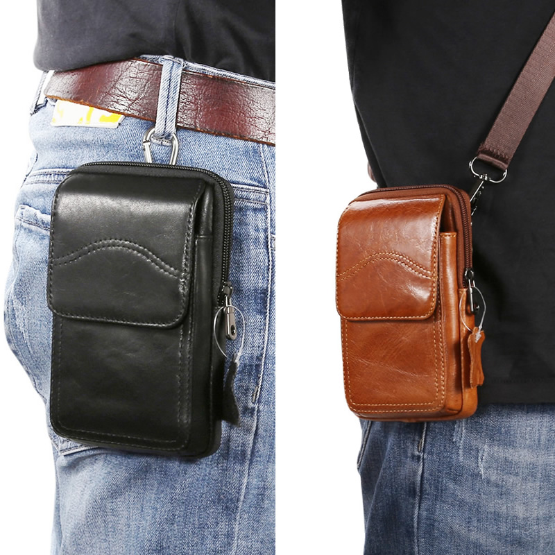 Leather mobile phone hanging waist bag multifunctional shoulder slung across the belt head leather double zipper men and old man