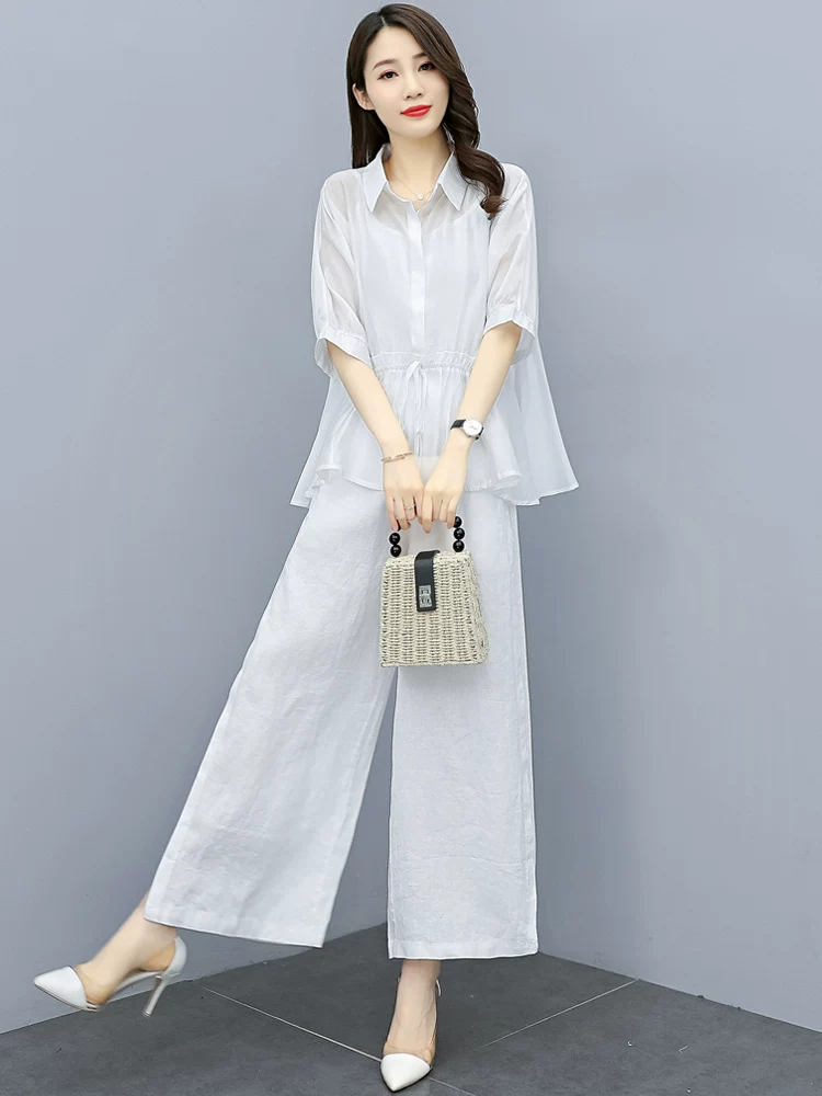 Комплект, летняя одежда на trousers, хлопок и лен