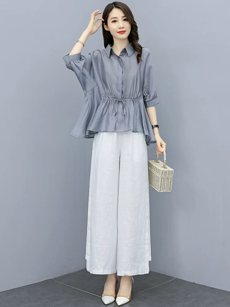 Комплект, летняя одежда на trousers, хлопок и лен