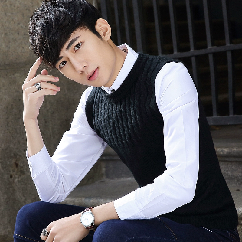 Mùa thu và mùa đông phong cách Hàn Quốc áo len không tay ấm áp áo len nam dệt kim áo len nam thanh niên áo ghi lê mỏng - Dệt kim Vest