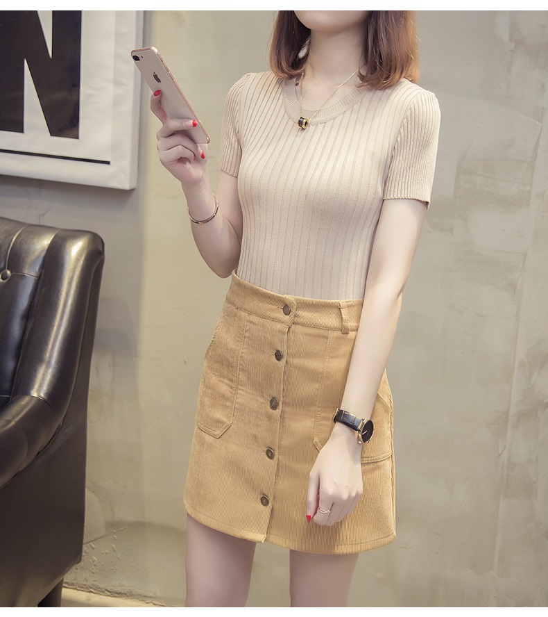 Áo ngắn nữ 2018 hè mới thấp cổ tròn đan đáy áo mỏng bó sát hoang dã áo thun lụa ngắn áo thun những kiểu áo len dáng dài đẹp