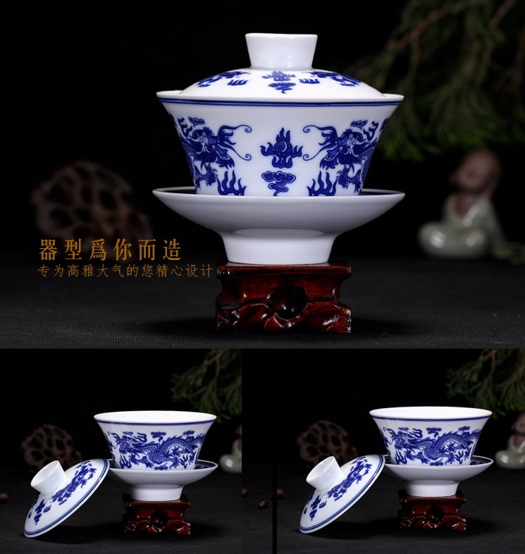 The Product jue jingdezhen blue and white glaze ceramic large tureen next three color tea cup bowl bowl teahouse with flowers