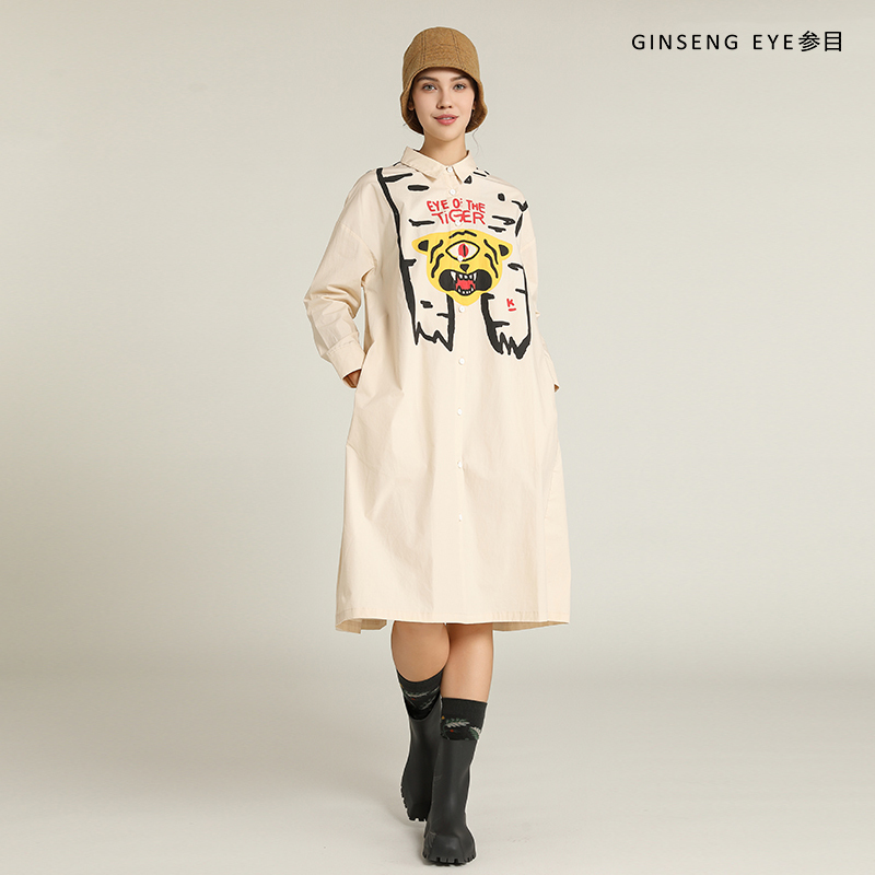 New Artistic Style Loose-Fitting Printed Dress for Women, Mid-Length Shirt Dress with Hand-Painted Tiger Design