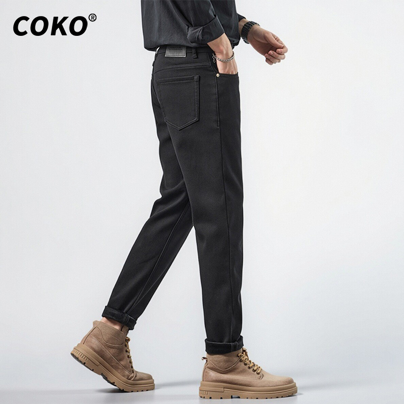 2025 Autumn/Winter Fleece-Lined Black Slim-Fit Skinny Jeans for Men, Trendy Retro Washed Tapered Long Pants