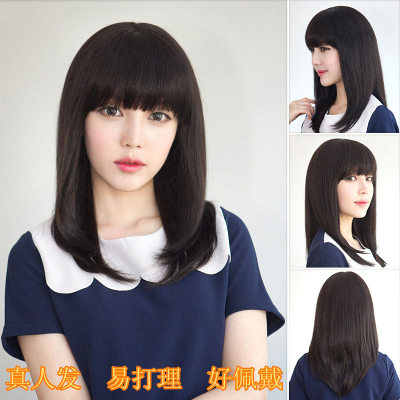 真发假发女中长发蓬松逼真清纯直发梨花头100%真人发时尚假发套